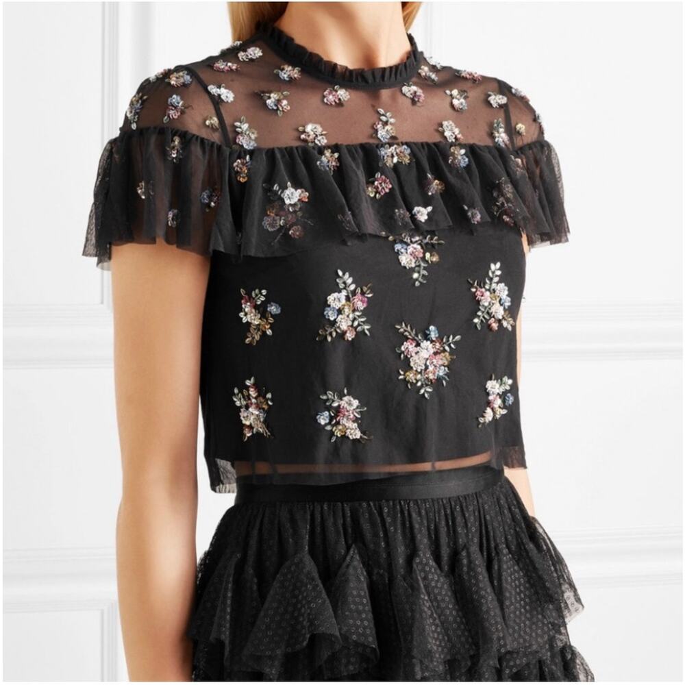Needle & Thread Embellished Tulle Mesh Crop Top Black Flutter Sleeve